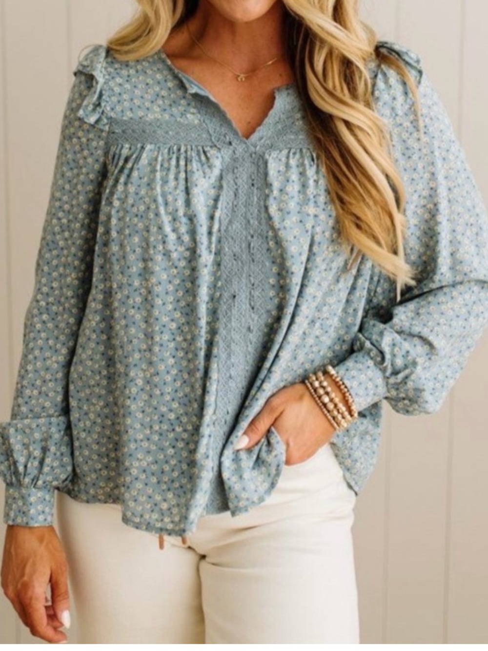 NWT Blue Floral Long Sleeve Lace-Trim Peasant Blouse sz LG